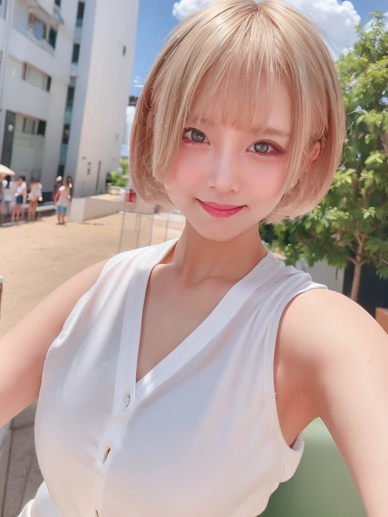 A girl with white skin and short hair。Blonde hair, large dark eyes, wearing summer clothing, full upper body, Pulling back,Her appearance will be impressive, smile,Attracts curious and inquisitive gazes.Selfie, high quality, 4K.