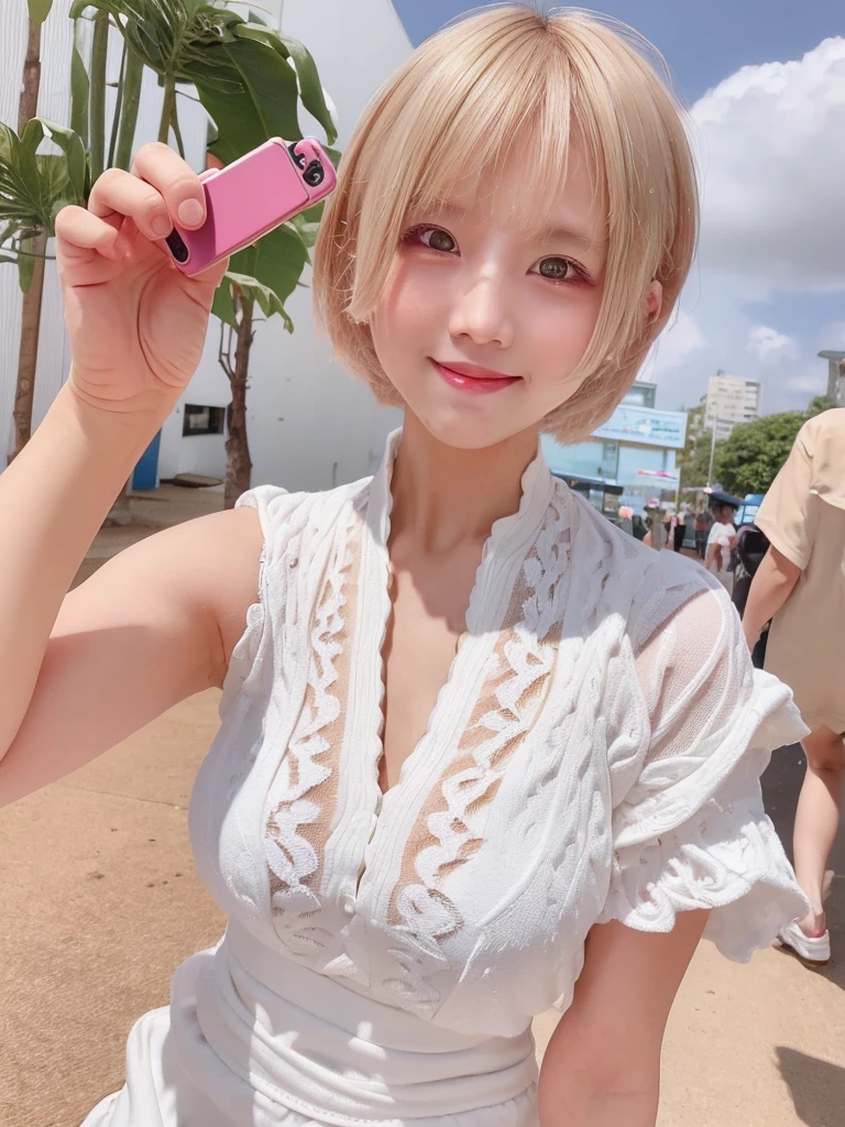 A girl with white skin and short hair。Blonde hair, large dark eyes, wearing summer clothing, full upper body, Pulling back,Her appearance will be impressive, smile,Attracts curious and inquisitive gazes.Selfie, high quality, 4K.