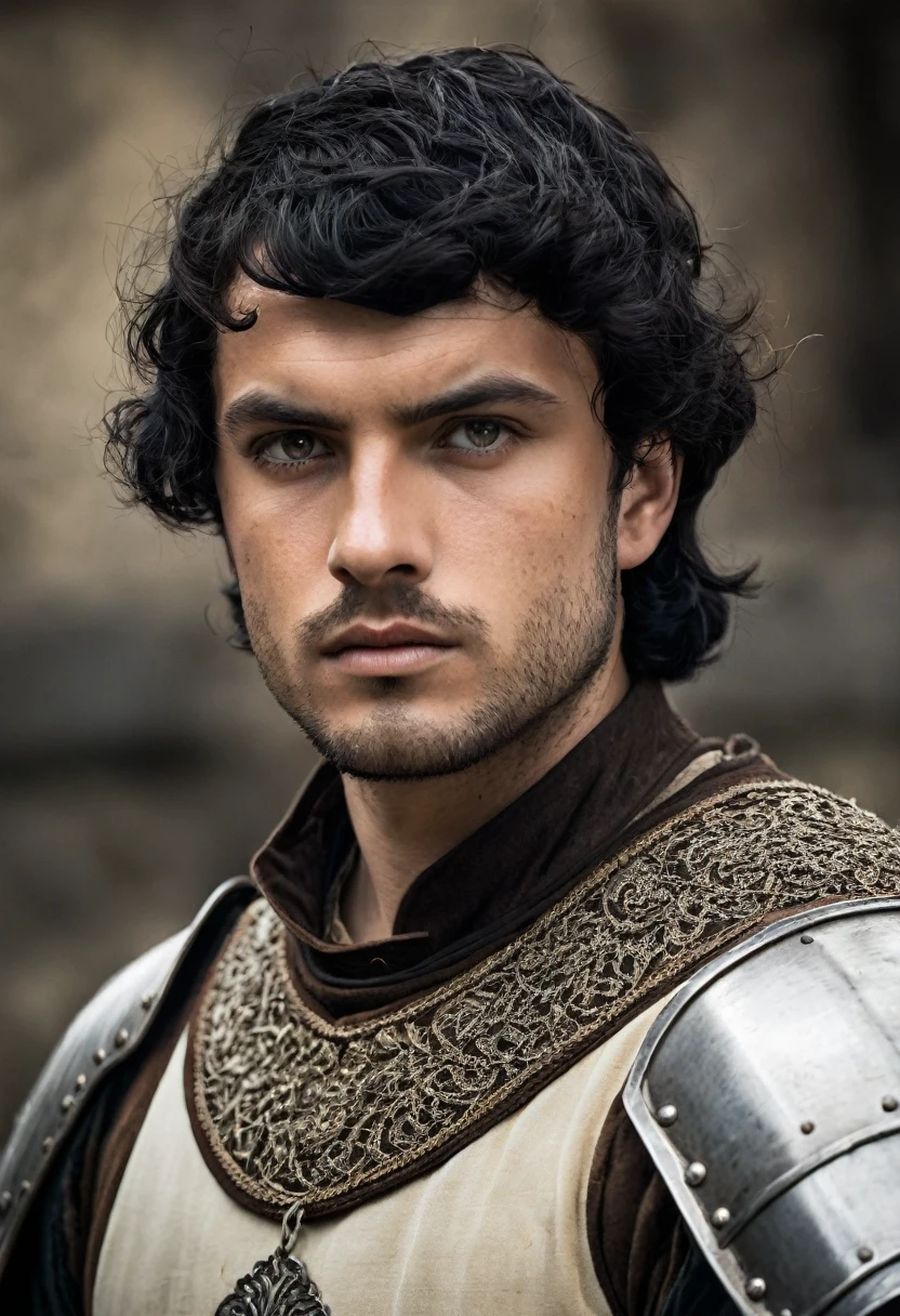 naughty man, offwhite, Medieval warrior, short black hair, eyes browns. Very beauthful.