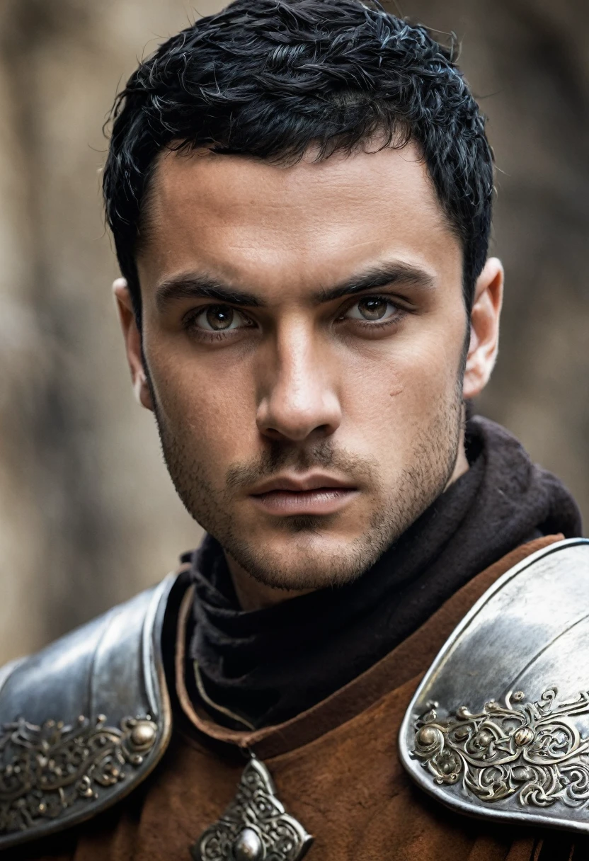 naughty man, offwhite, Medieval warrior, short black hair, eyes browns. Very beauthful.
