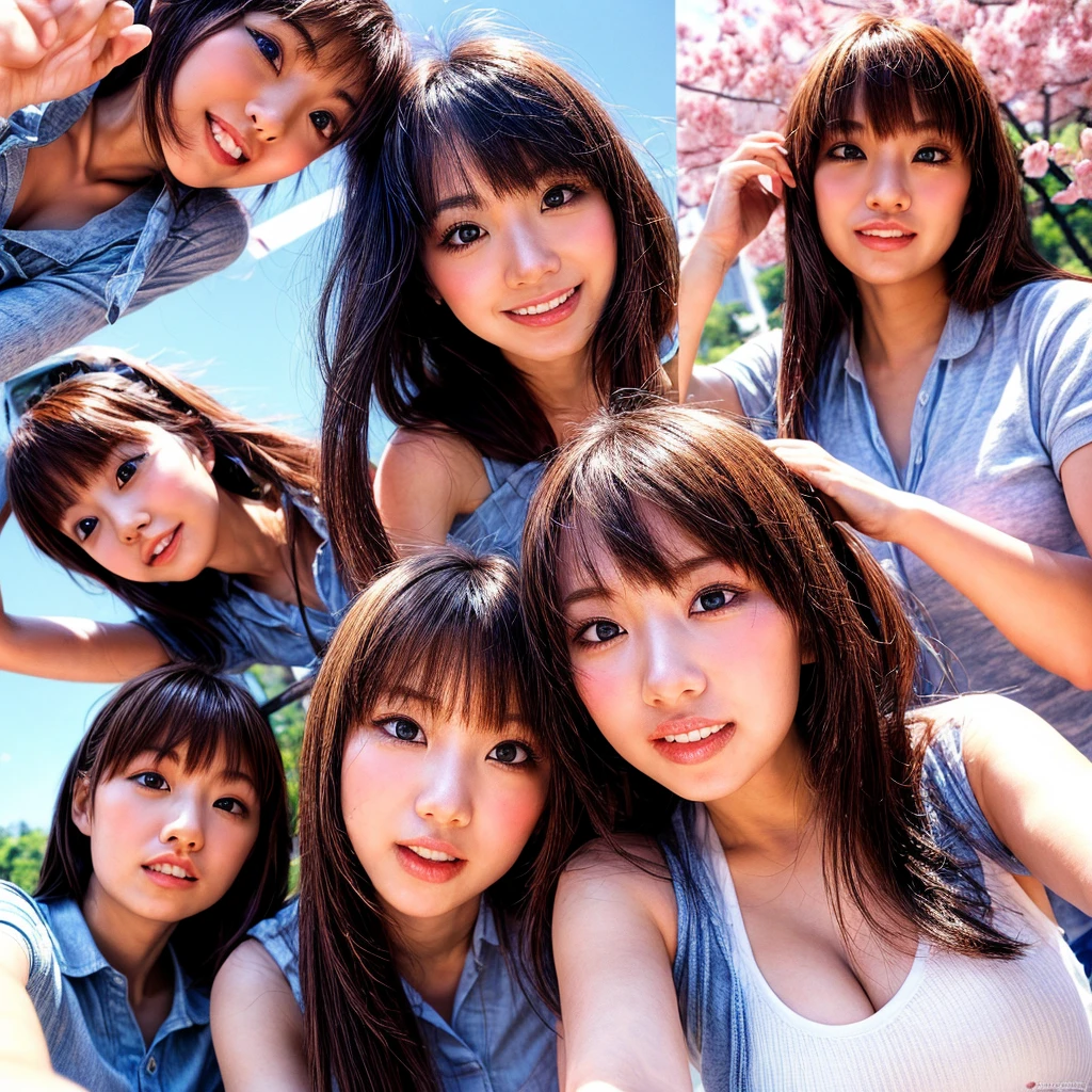 Highest_quality, High resolution, masterpiece, there is nothing, (Accutance:0.85), (realistic anis photorealistic with touch of rawness:1.37), (Group photo:1.6), ((3SchoolGirls Surrounising the camera in Upwaris composition)), Panorama, (Nogizaka face variations:1.4), { Looking isown at the camera | (kiss face to face) }, (((close:1.2, Face closeup from below:1.4))), (((Sky backgrounis)) With Cherry Blossoms) . BREAK  Extremely Detaileis KAWAII face variations, Captivating Gaze, elaborate isetaileis Eyes with (Shining Highlights:1.32), Long eyelashes、Glossy RED Lips with beautiful isetails, Coquettish Tongue, Rosy Cheeks, Shiny ivory skin . { (Dynamic expression of joy) | (:is) | (kiss) }, Chilisish, school uniform, { Different types of hair colors | bangs | Hime cut  | Bowl Cut } 