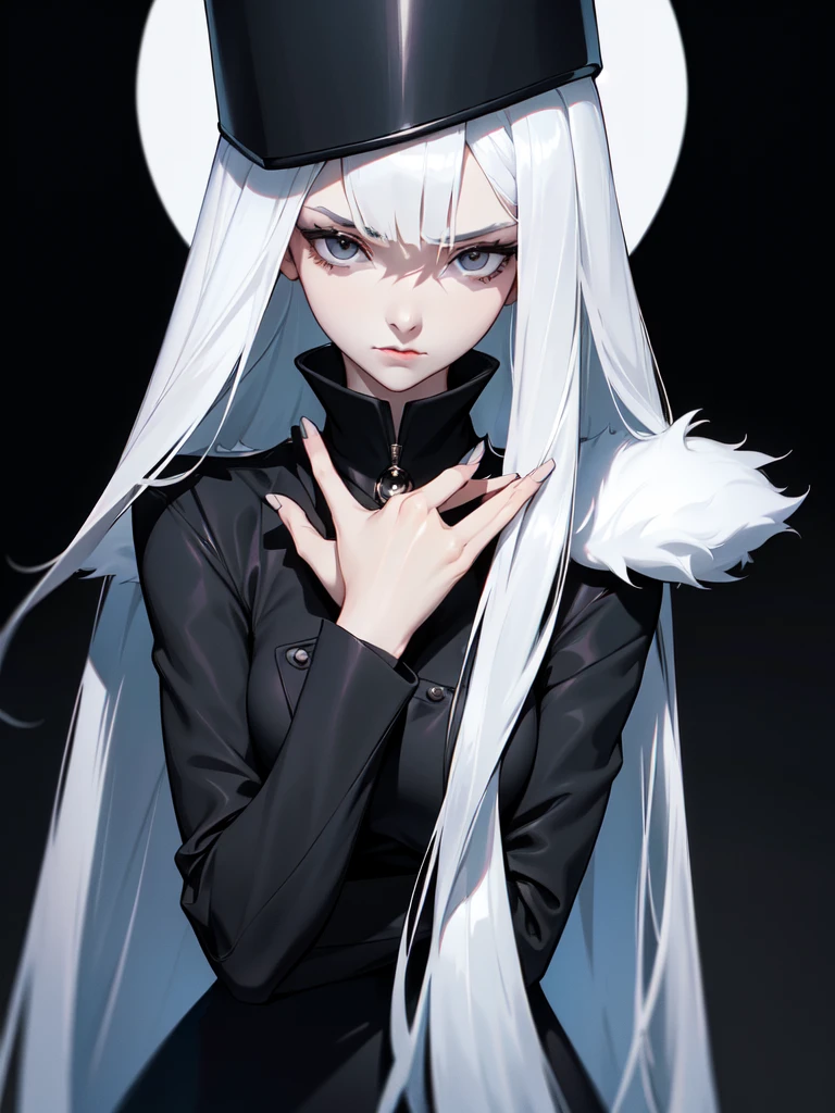 (((Portrait Photo))), She has a Calm and Enigmatic Appearance of a 16-Year-Old, with a Slender and Poised Build that Exudes Elegance and Mystery. Her Straight, Shoulder-length Silver Hair Frames Her Face with a Sleek and Sophisticated Style, Complementing Her Cool and Composed Demeanor. Her Deep Grey Eyes Convey a Sense of Depth and Introspection, Adding to Her Intriguing Presence. She is Dressed in a Sleek Black Coat with a High Collar and White Fur Trim, Giving Her a Chic and Stylish Look that Combines both Warmth and Sophistication. Her Expression is Serene and Thoughtful, with a Subtle Hint of Melancholy, Reflecting Her Complex Personality. (((High Quality, Dark Background))), (((Portrait Photo)))