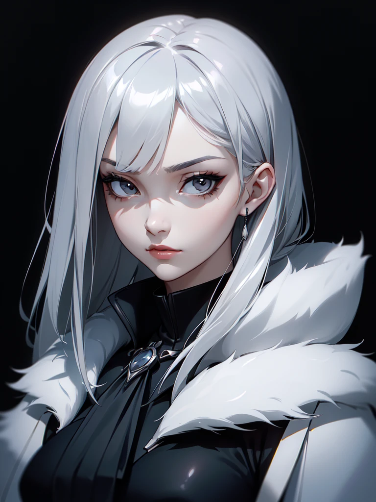 (((Portrait Photo))), She has a Calm and Enigmatic Appearance of a 16-Year-Old, with a Slender and Poised Build that Exudes Elegance and Mystery. Her Straight, Shoulder-length Silver Hair Frames Her Face with a Sleek and Sophisticated Style, Complementing Her Cool and Composed Demeanor. Her Deep Grey Eyes Convey a Sense of Depth and Introspection, Adding to Her Intriguing Presence. She is Dressed in a Sleek Black Coat with a High Collar and White Fur Trim, Giving Her a Chic and Stylish Look that Combines both Warmth and Sophistication. Her Expression is Serene and Thoughtful, with a Subtle Hint of Melancholy, Reflecting Her Complex Personality. (((High Quality, Dark Background))), (((Portrait Photo)))