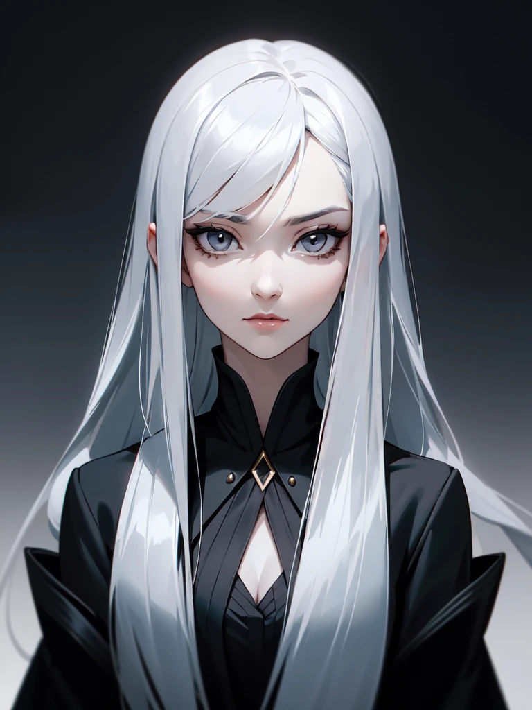 (((Portrait Photo))), She has a Calm and Enigmatic Appearance of a 16-Year-Old, with a Slender and Poised Build that Exudes Elegance and Mystery. Her Straight, Shoulder-length Silver Hair Frames Her Face with a Sleek and Sophisticated Style, Complementing Her Cool and Composed Demeanor. Her Deep Grey Eyes Convey a Sense of Depth and Introspection, Adding to Her Intriguing Presence. She is Dressed in a Sleek Black Coat with a High Collar and White Fur Trim, Giving Her a Chic and Stylish Look that Combines both Warmth and Sophistication. Her Expression is Serene and Thoughtful, with a Subtle Hint of Melancholy, Reflecting Her Complex Personality. (((High Quality, Dark Background))), (((Portrait Photo)))