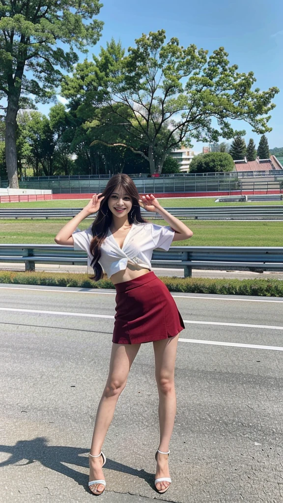 (Grid Girl Costumes、Accentuate your breasts、Full body photo:1.24))、(See the red and white Formula One carcLaren、Racing Car:1.2)、(Kodak Portra 800 Film SMC Takumar 35mm F/ 2. 8 50 seconds:1.1)、(RAW Photos、Realistic:1.4)、One Girl、beautiful girl、Race Queen、Very detailedな目と顔、Beautifully detailed dark brown eyes、Very detailed、Detailed Hair、High resolution、Highest quality、masterpiece、Very detailed、8k、Outdoor、20 year old Japanese woman、Mid-chest、8th life、(Auto Racing Track、On the circuit、San Marino Grand Prix:1.37)、smile、Cute atmosphere、Wearing high heels、Beautiful feet、Clear photos、Perfect proportions、Semi-long hair、Outdoorで、Dynamic pose、Perfect limbs、Anatomically correct、mini skirt