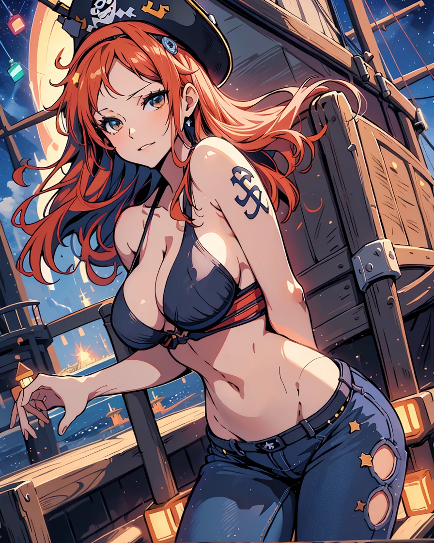 (masterpiece), realistic lights, realistic skin, high detailed art, high definition, defined abdomen, Redhead girl, nami, nami one piece, post time skip nami, sexy girl, tight bikini) , (big breast), wide waist, lewd, tight jeans, (tin a ship, pirate ship background, glow illumination, detailed body, female body shape, anime 2.5d, anime realistic style, night set, starry night