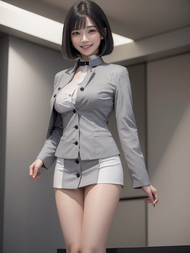 Highest quality、masterpiece、8k、Very detailed、Realistic、(One girl)、(Looking at me with a smile:1.5)、whole body、(Black Hair)、Short Hair、Small face、(Slender:1.2)、(Big Breasts:1.2)、(White business shirt with buttons and a collar:1.2)、(short tight skirt in gray,:1.2)、(Grey business jacket:1.2)、(Erect nipples:1.2)