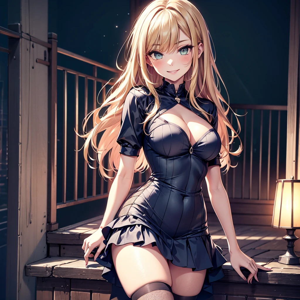 ((masterpiece,best quality)), ((((solo)))), alone, highres, extremely detailed 8K wallpaper, depth_of_field, cowboy shot, solo, 1girl, long hair, (blonde color hair), green eyes, bow, big breasts, wide hips, thights, dirty ally, purple dress, baggy eyes, dark blonde hair, pervert smile, shadows under her eyes, baggy eyes, stars, heels, fishnet tights, prostitute, night, dark, undressing panties, crossed arms,