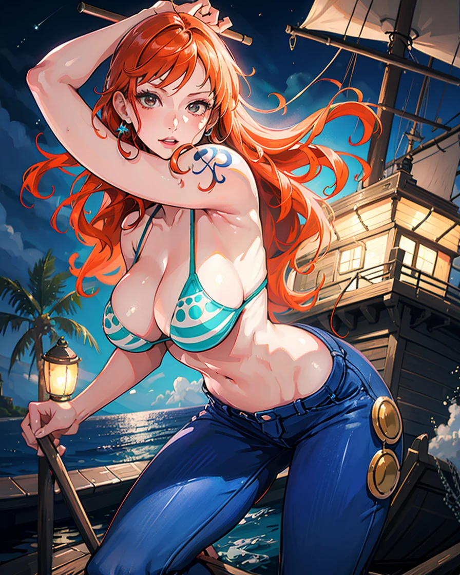 (masterpiece), realistic lights, realistic skin, high detailed art, high definition, defined abdomen, Redhead girl, nami, nami one piece, post time skip nami, sexy girl, tight bikini , ((big breast)), wide waist, lewd, tight jeans, in a ship, pirate ship background, glow illumination, detailed body, female body shape, anime 2.5d, anime realistic style, night set, starry night