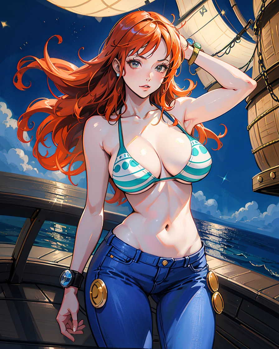 (masterpiece), realistic lights, realistic skin, high detailed art, high definition, defined abdomen, Redhead girl, nami, nami one piece, post time skip nami, sexy girl, tight bikini , ((big breast)), wide waist, lewd, tight jeans, in a ship, pirate ship background, glow illumination, detailed body, female body shape, anime 2.5d, anime realistic style, night set, starry night