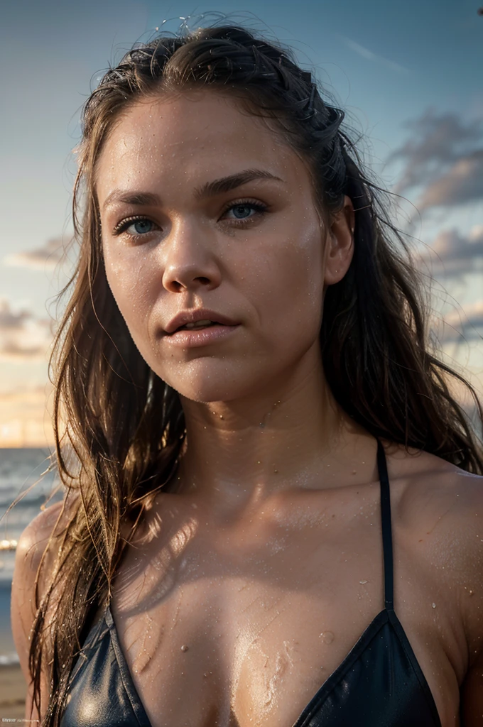 ronda rousey, 1 woman, athletic muscular fit body, wearing a black bikini, detailed facial features, blue eyes, full lips, wet hair, outdoor beach setting, golden hour sunset lighting, cinematic dramatic lighting, highly detailed, photorealistic, 8k, hyper detailed, oil painting, vibrant colors, warm tones, beautiful, elegant, powerful, dynamic pose