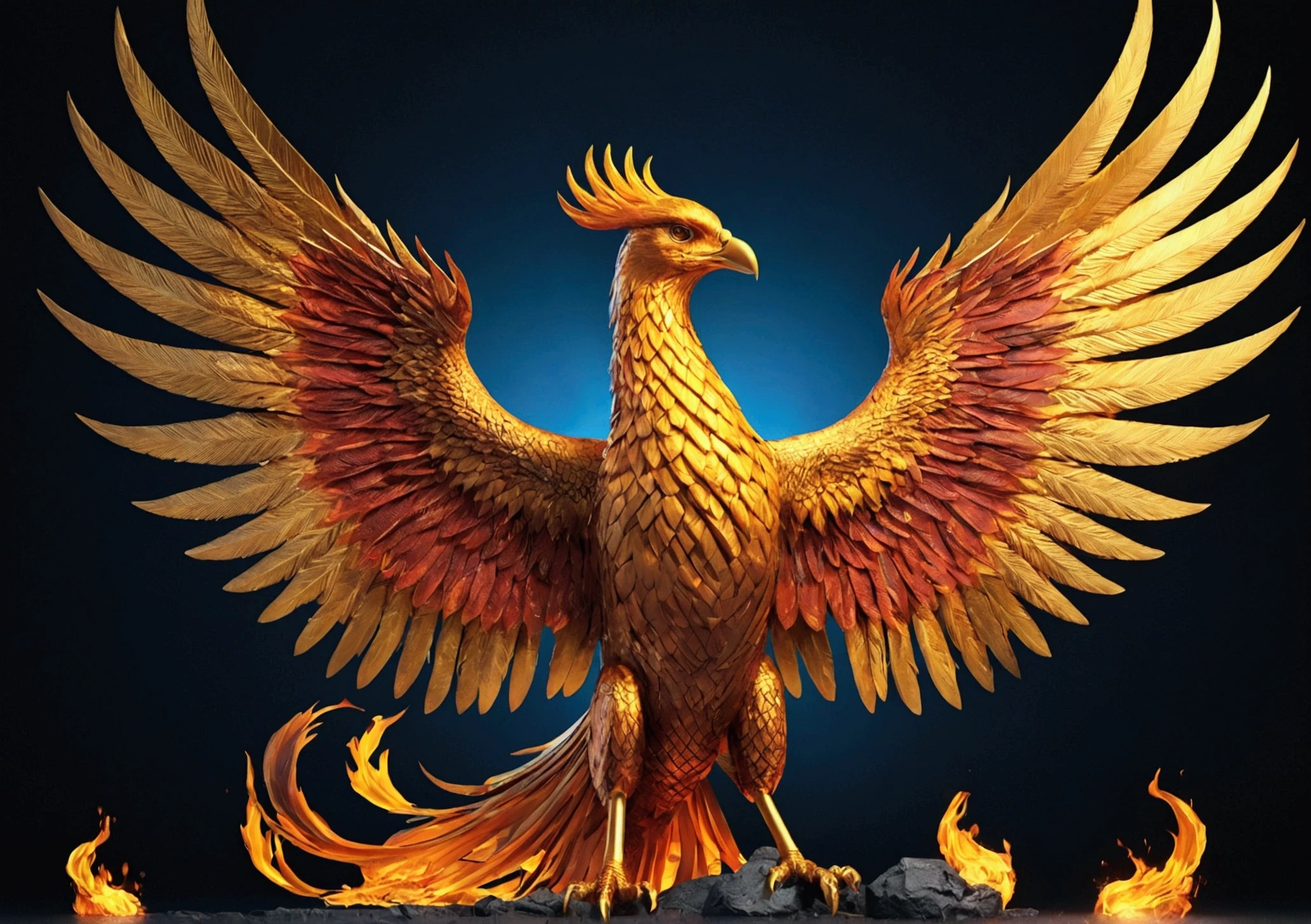 （Fire Fenix），（Fire outlined the phoenix&#39;s body)，The phoenix flaps its wings，(Shining with golden light)，standing alone,natta,Multiple silhouettes，First person elevation angle，super detailing，best qualityer，Masterpiece artwork，（8k)，extremely detaild，epic art , playful, hoe art, work of art, shot to the face, Motion Graphics, softfocus, Sound art, blues colors, Hackercore, Laser Illumination, ultra realistic