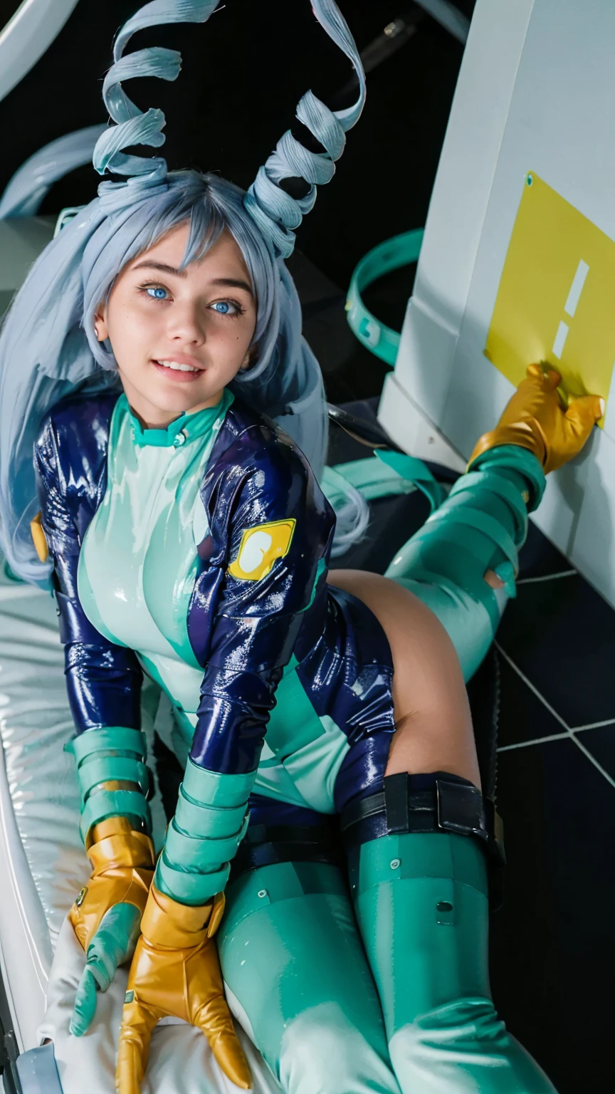 Masterpiece, Best quality, (photorealistic1.4), (UHD), (big breast), (show abs),  (flashphoto), (flash photography), (cleavage), (European model), (young woman), (JenniferConnelly90), (epiCRealLife:1.0), (night time), (Nejire latex bodysuit), 1girl, solo, long hair, blue eyes, (blue hair), (hair bangs), (drill hair, twin drills), (Nejire Hairstyle), hair horns, very long hair , light blue hair, (Nejire Yellow gloves), (look at viewers), (Nejire light smile), (lying on roof) , (lying on back), (from above) (Tokyo rooftop),