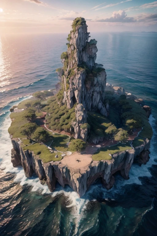 Top view of titan island., the worlds biggest Island full. Island in the ocean, digital art, intricate details, 8k, photorealistic, hyperrealistic, cinematic lighting, dramatic lighting, high quality, intricate details, masterpiece, digital art