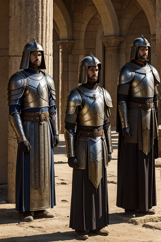 A Group of watchers, men in ancient armor standing watch, and praying.