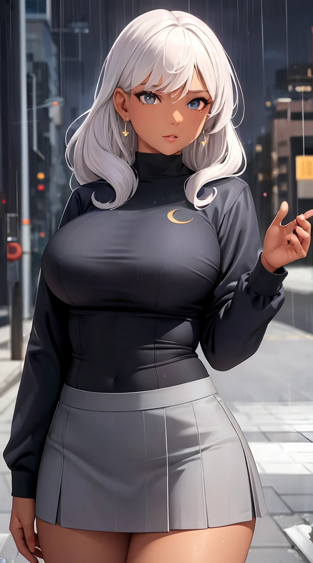 (best quality:1.5, highres, UHD, 4K, detailed lighting, shaders), white curly haired, gradient hair, large breasts, perfect eyes,perfect fingers, realistic ringers, suit, gray shirt, social shirt, short skirt, mature woman , (pov), white background, colorful eyeshadow, dramatic lighting, sparkling eyes, sensual expression, golden earrings, delicate facial features, dark skin, high cheekbones, raining, urban setting, white background, dont look for the camera, lean forward, wet  by the rain.