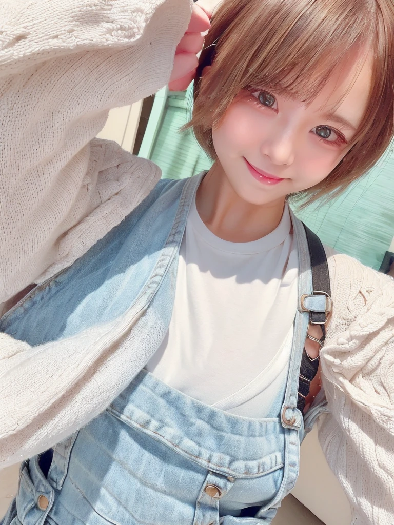 A girl with white skin and short hair。Blonde hair, large dark eyes, wearing summer clothes, overalls, Pulling back,Her appearance will be impressive, smile,Attracts curious and inquisitive gazes.Selfie, high quality, 4K.