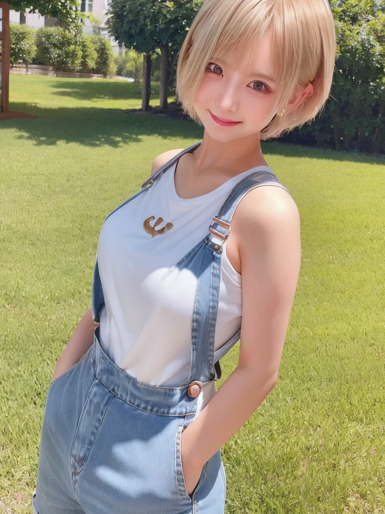 A girl with white skin and short hair。Blonde hair, large dark eyes, wearing summer clothes, overalls, Pulling back,Her appearance will be impressive, smile,Attracts curious and inquisitive gazes.Selfie, high quality, 4K.