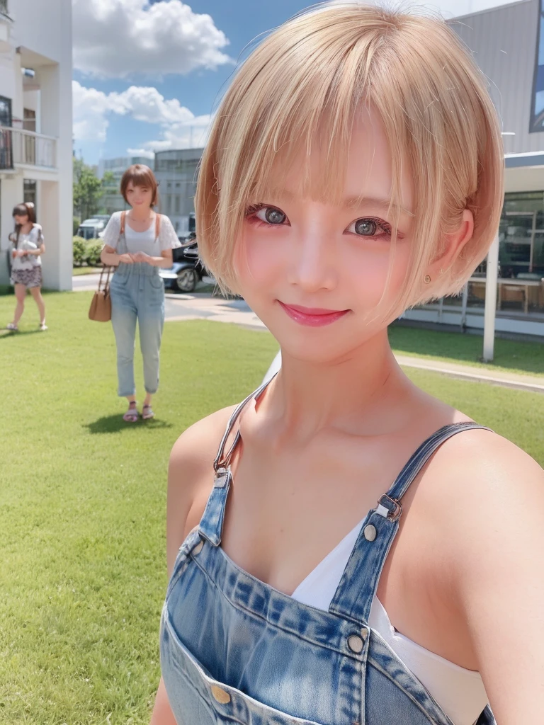 A girl with white skin and short hair。Blonde hair, large dark eyes, wearing summer clothes, overalls, Pulling back,Her appearance will be impressive, smile,Attracts curious and inquisitive gazes.Selfie, high quality, 4K.