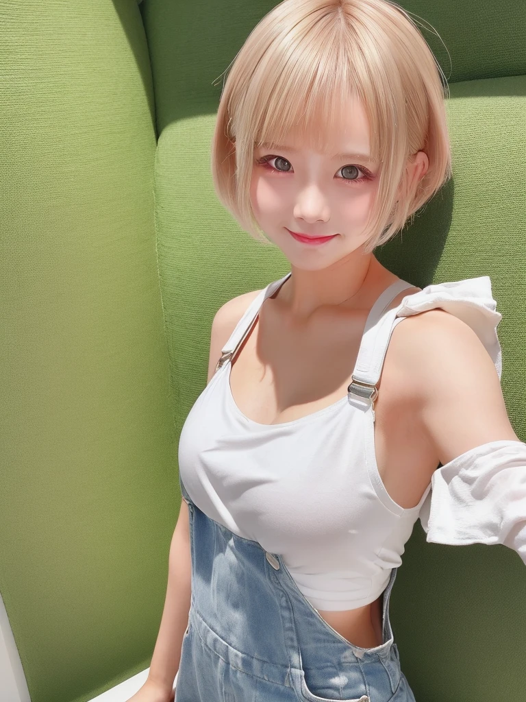 A girl with white skin and short hair。Blonde hair, large dark eyes, wearing summer clothes, overalls, Pulling back,Her appearance will be impressive, smile,Attracts curious and inquisitive gazes.Selfie, high quality, 4K.