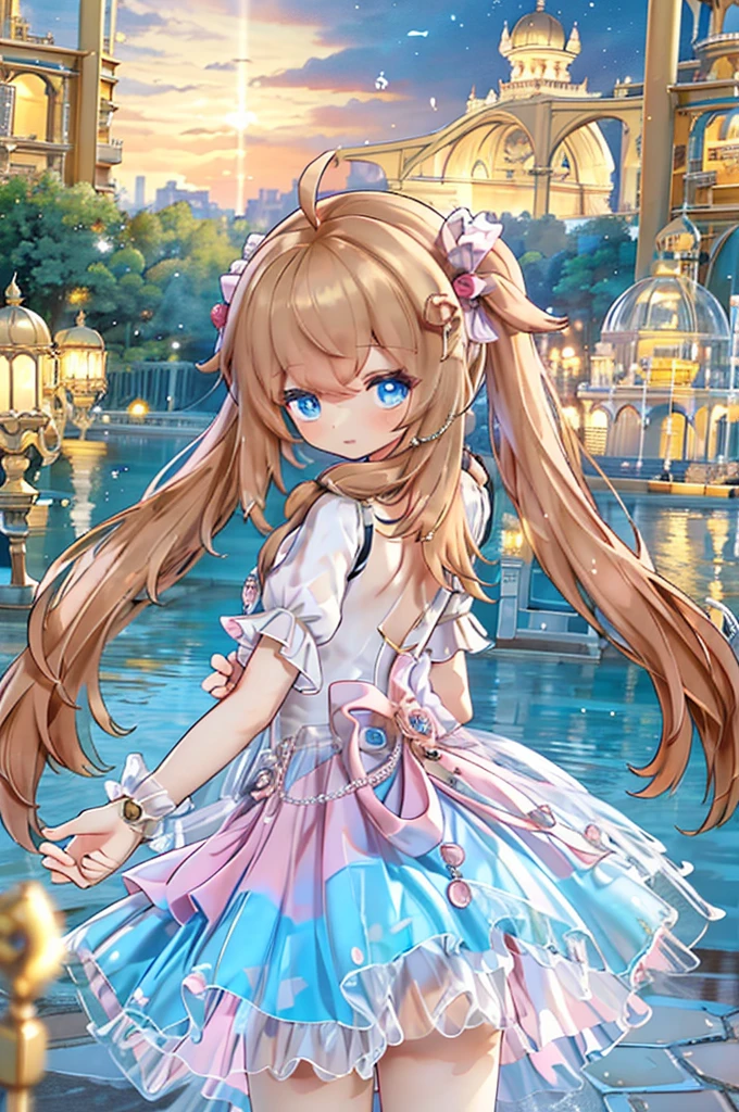 Solo girl, comical, kawaii, Blue eyes, light brown hair, high long twintails, (yellow shirt 1.5), (yellow princess dress with blue 1.5), open mouth smile, view from back, looking somewhere, focus her work, posing, sexy, high-resolution image, masterpiece, high quality, attractive eyes