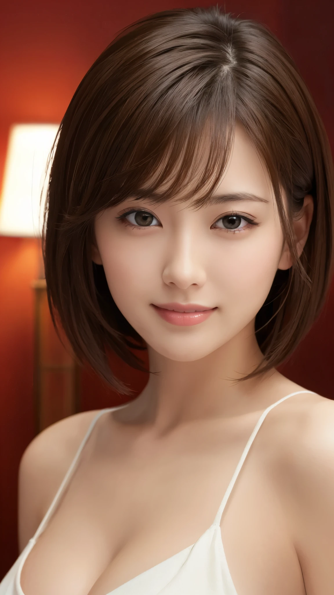 masterpiece、Highest quality、High resolution、Tabletop、wallpaper、Realistic、Bright lighting、Professional Lighting、Face Light、Smooth lighting、Japanese women、Adult、Beautiful woman、action、gravure、sexy、so beautiful、Beautiful Skin、Beautiful and detailed、Detailed face、slim、moderately、short hair、Brunette Hair、Brown eyes、Looking into the camera、smile、Cleavage