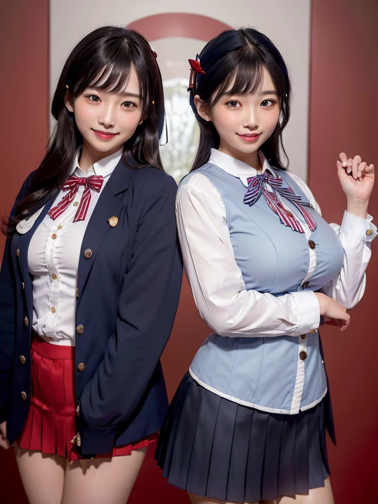 Highest quality、masterpiece、8k、Very detailed、Realistic、(Two Girls)、(Looking at me with a smile:1.5)、whole body、Black Hair、Small face、(Slender:1.2)、(Big Breasts:1.2)、(White business shirt with buttons and a collar:1.2)、(Navy blue short pleated skirt:1.2)、(Navy blue business jacket:1.2)、(Red color bow tie:1.2)、(Everyone dressed the same:1.3)、(Give away panties:1.2)
