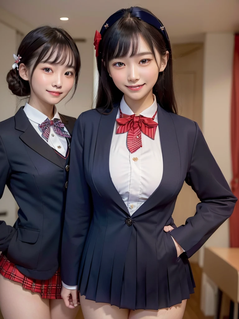 Highest quality、masterpiece、8k、Very detailed、Realistic、(Two Girls)、(Looking at me with a smile:1.5)、whole body、Black Hair、Small face、(Slender:1.2)、(Big Breasts:1.2)、(White business shirt with buttons and a collar:1.2)、(Navy blue short pleated skirt:1.2)、(Navy blue business jacket:1.2)、(Red color bow tie:1.2)、(Everyone dressed the same:1.3)、(Give away panties:1.2)