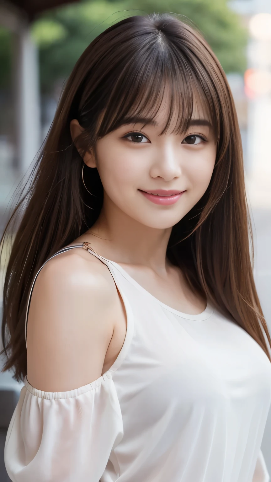 masterpiece, best quality, ultra high res, ultra detailed, sharp focus, 1girl, solo, a stunning pretty and beautiful Japanese sexy model, 19yo, looking at viewer:1.3, (bright smile:0.6), wearing a (blouse), dusk, sunset, night, realistic, slender, (standing:1.1), (looking at the viewer:1.3), sexy gaze, blush, (upper body shot:1.6), medium hair, messy hair, asymmetrical bangs, light brown hair, messy hair style, ((Pure white camisole、Hands behind head、smile、Light clothing))
