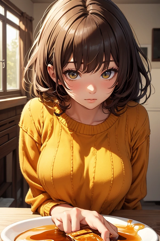 (best quality, masterpiece) high resolution illustration of a young woman covered in sticky natural honey, yellow, syrup, oversized sweater, comfy, cozy, close-up shot, detailed texture, delicious aroma, flavorful sensation, warm and appetizing,