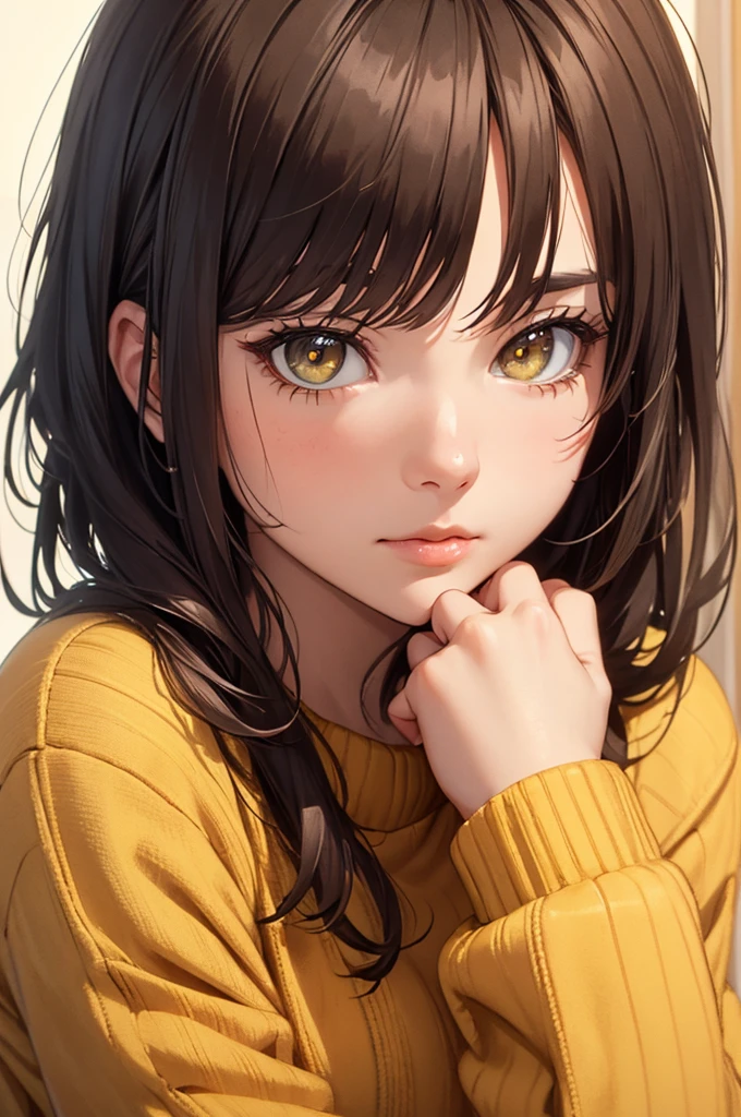(best quality, masterpiece) high resolution illustration of a young woman covered in sticky natural honey, yellow, syrup, oversized sweater, comfy, cozy, close-up shot, detailed texture, delicious aroma, flavorful sensation, warm and appetizing,