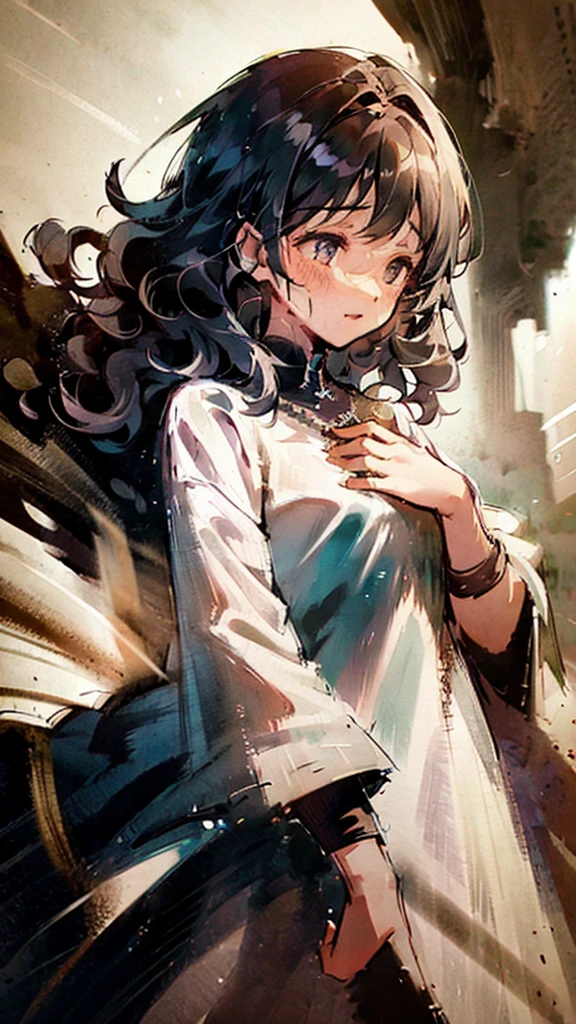 A beautiful woman with curly hair lies on the battlefield, crying with her hand held by someone else, fantasy medieval, half body. ((Ultra Hd)), ((4K)), ((Detailed)), ((illustration of novel))