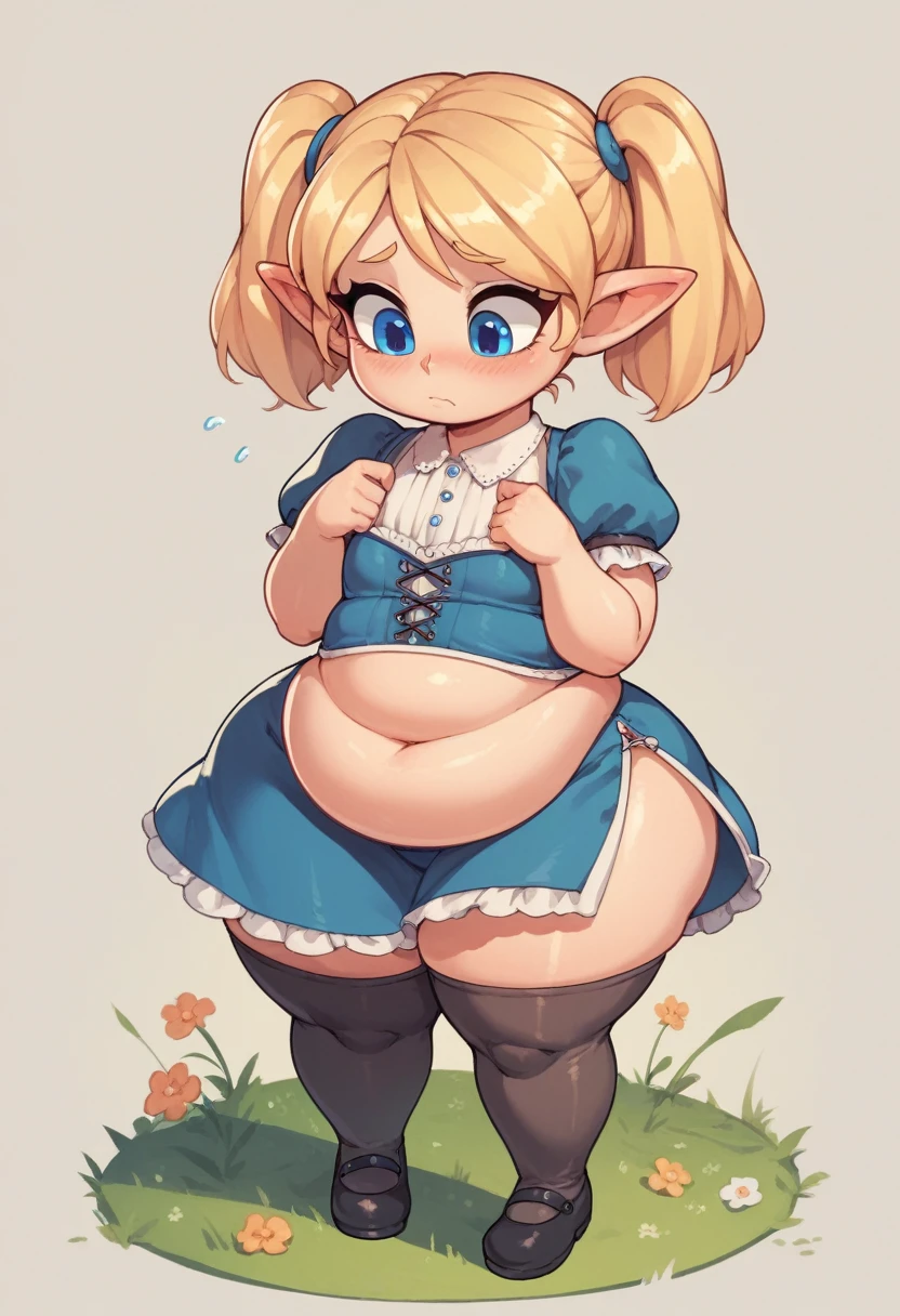 score_9, score_8_up, score_7_up, 1girl, cartoon, flat chest, hair bob, fat, short, adorable, shortstack, pointed ears, blonde hair, blue eyes, black cute shoes, thigh highs, huge hips, shy, milf, medieval dress, pigtails, belly, lalafell