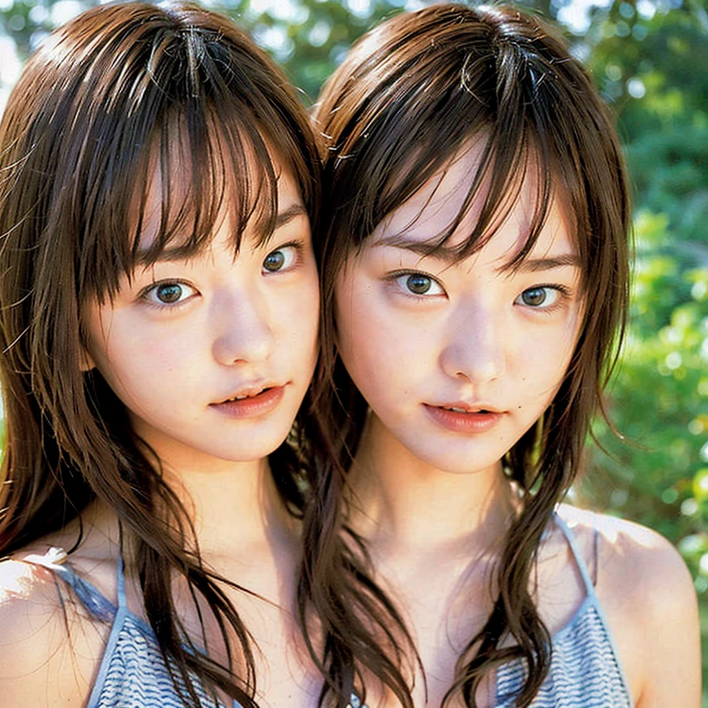 Identical twin sisters kissing、18-year-old,The exact same face、Exactly the same body type、The exact same hairstyle、Instagram model from another dimension, 2 people, Imaginative, Metaphysical, Whimsical, Anaglyph Style, 1 Japan, Cute Face,