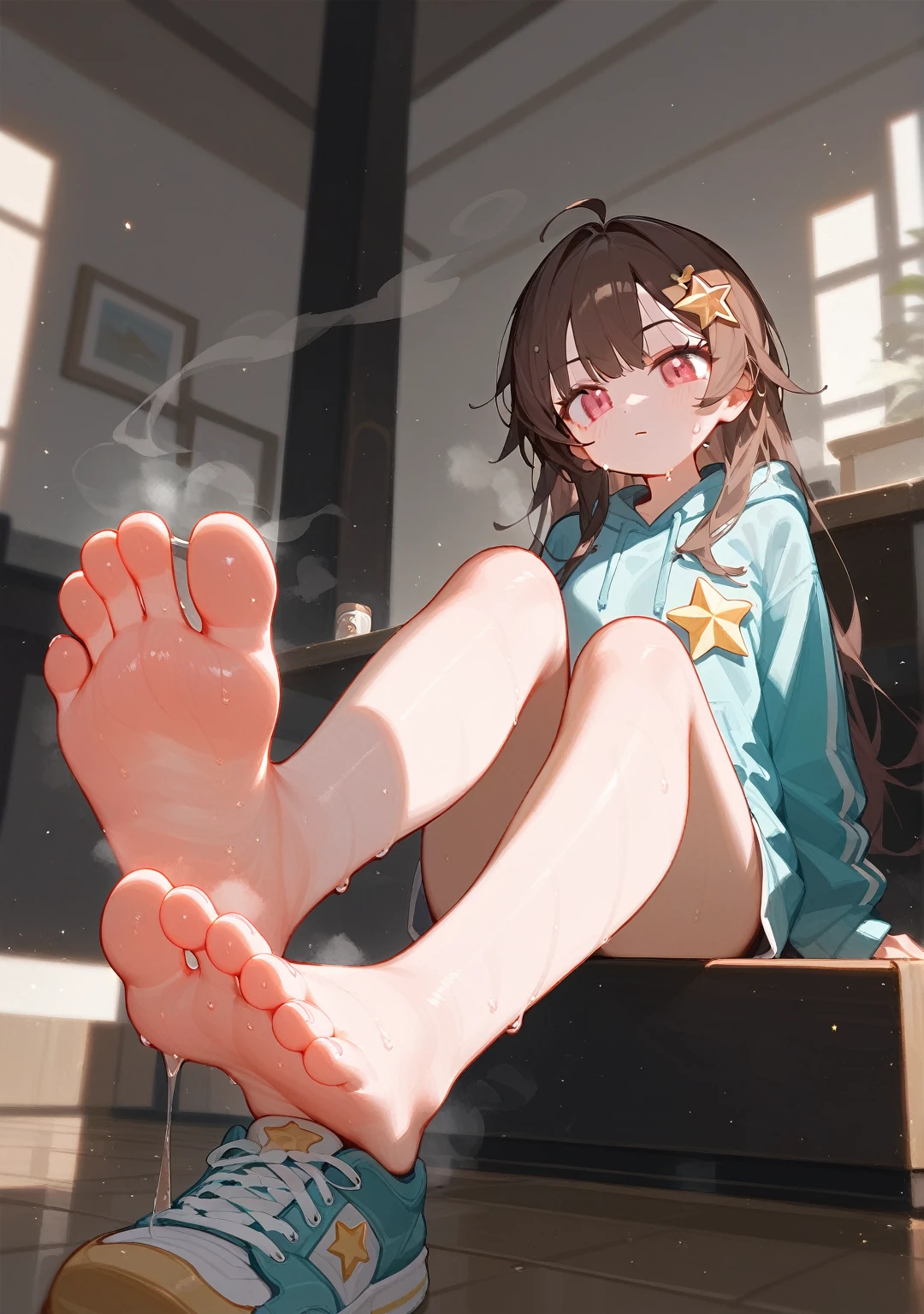 wallpaper，sit on the floor， Long hair，best quality, Very detailed, masterpiece, Extremely detailed, illustration, Sky,Foot Focus， barefoot,Stinky feet,Steam around feet,脚底Sweating很多，Sweating all over，Sweating，Pink Eyes，There is a big five-pointed star hairpin in the hair，Light-colored sweatshirt，Brown hair,Each foot can only have five toes，There is a pair of sneakers next to it，