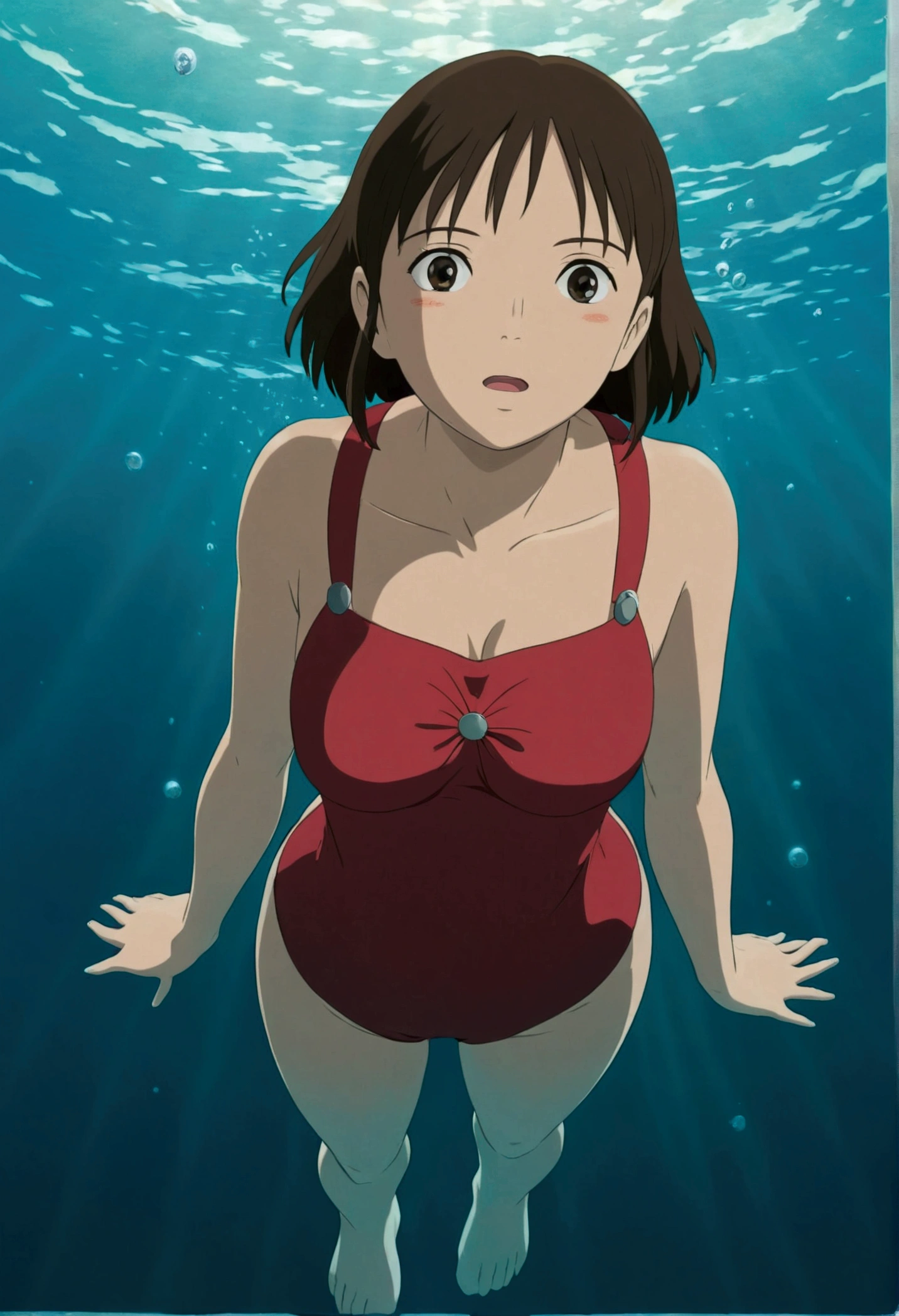 Ghibli　Full body pose　In the water　Looking up from the front　girl　
