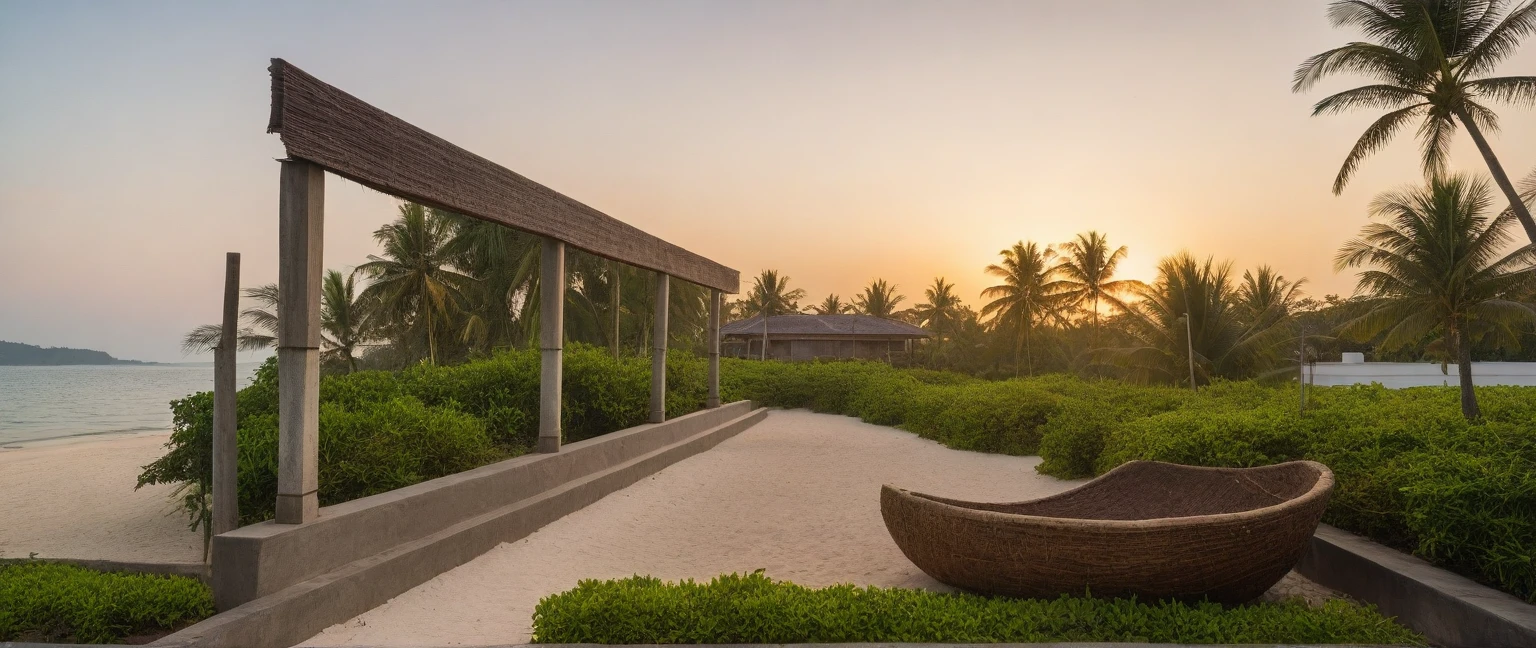 Local caft Resort , coconut trees, greenery landscape, along the white beach, clear sky, sunrise time, warm lighting RAW Photo, RAW texture, Super Realistic, 32K UHD, DSLR, soft lighting, high quality, film rating, Fujifilm XT3