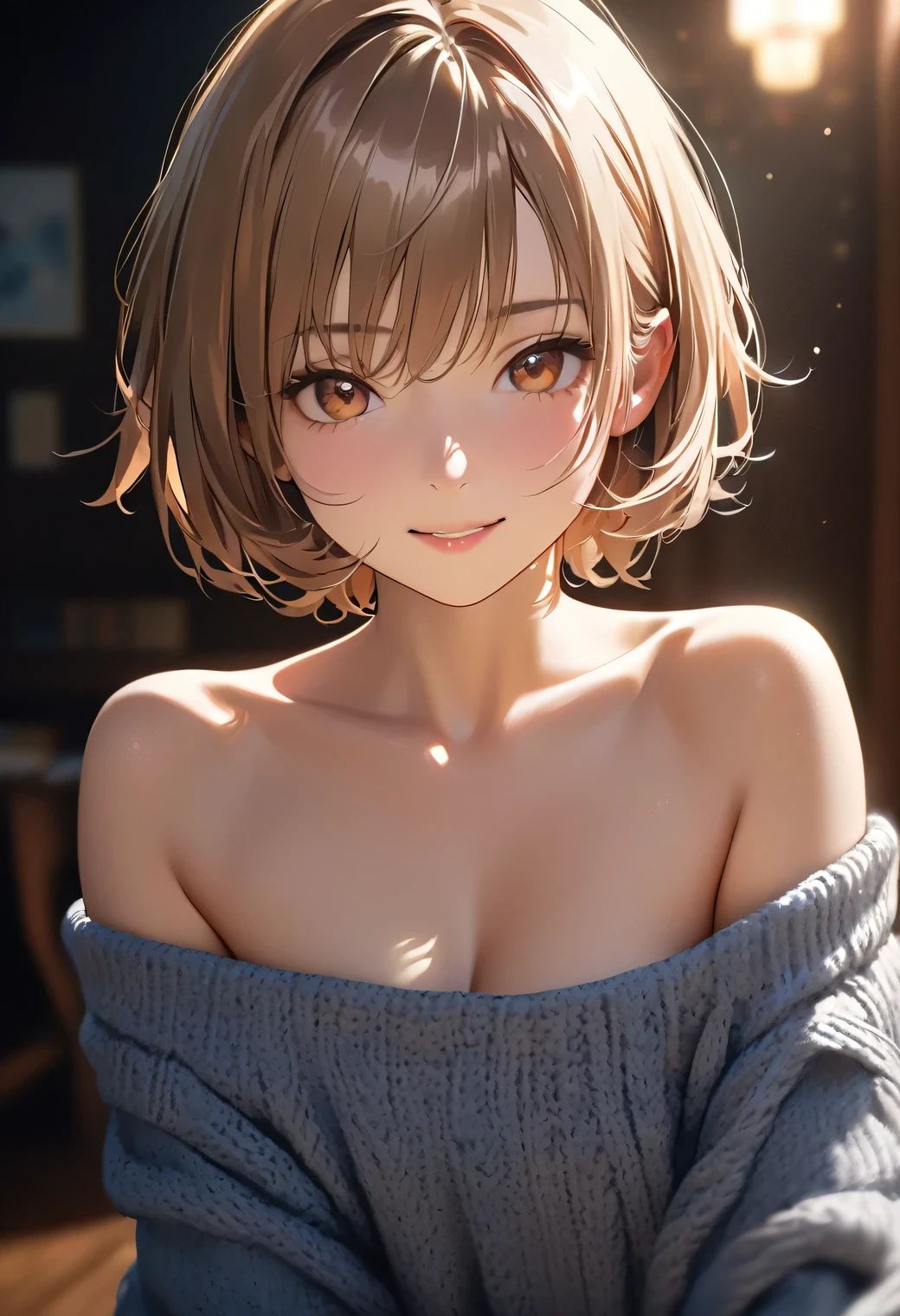 (masterpiece, face focus,: 1.3), (8K, Raw Photography, Top Image Quality: 1.4), gravure,  Japan juniowing Cleavage of the Breast:1.2, Super Detail Face, Eye of Detail, Double Eyelid, Bring Your chest Together, Sharp Focus:1.2, Pretty:1.4, Light Brown Hair, Top-Quality, Super A High Resolution, (Photorealistic: 1.4), Highly Detailed and professional lighting smile, loose and light knitwear, strapless, shoulder out, slender body, natural facial expression, short hair, fatal position