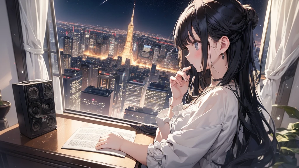 Ultra-high resolution, 8k, (Masterpiece, beautifully、mysterious:1.2), Works by Makoto Xin Haicheng, Lo-fi feel, Perfect human body engineering, 1 female, profile, Impressive eyes, Sparkling Eyes, White ruffled dress, Shiny long black hair, Larger than average bust, Listening to music through headphones, Looking out the window, A room with musical instruments, city view from the window, Impressive cityscape, Bright Sky, meteor, Wide angle, Before dusk