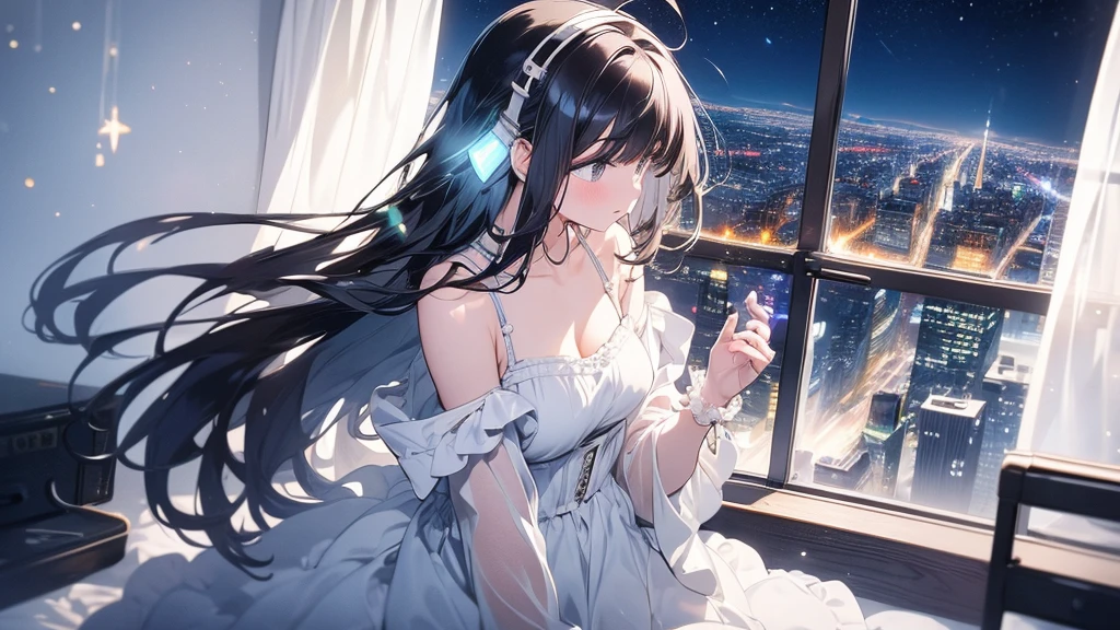 Ultra-high resolution, 8k, (Masterpiece, beautifully、mysterious:1.2), Works by Makoto Xin Haicheng, Lo-fi feel, Perfect human body engineering, 1 female, profile, Impressive eyes, Sparkling Eyes, White ruffled dress, Shiny long black hair, Larger than average bust, Listening to music through headphones, Looking out the window, A room with musical instruments, city view from the window, Impressive cityscape, Bright Sky, meteor, Wide angle, Before dusk
