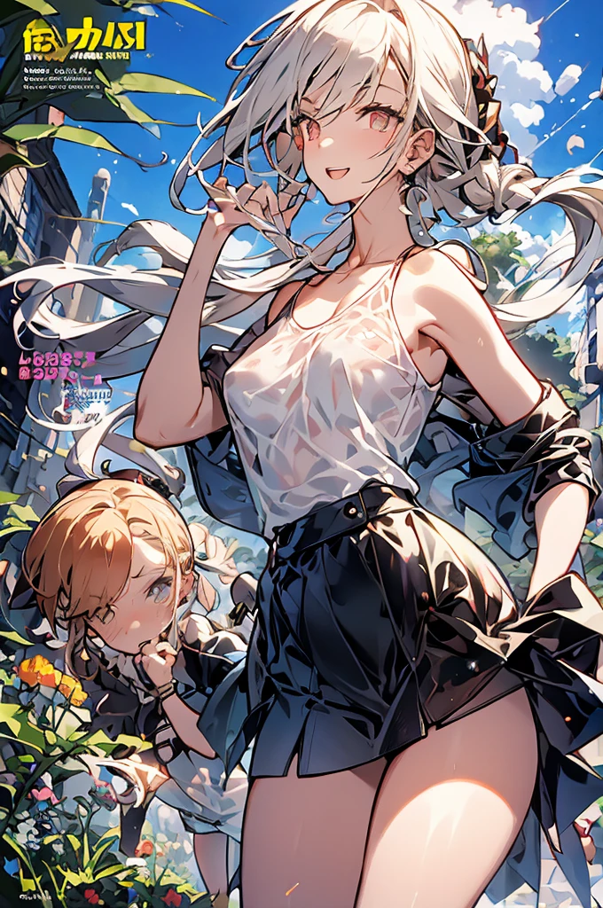 (small breasts:1.2), (perky chest:1.2), (pointed chest:1.2), (Pudding cake magazine cover:1.3),(from below:1.0),(shoot from the side:1.1),masterpiece, 1girl, Amazing Cleavage:1.1, thin waist, optimum,tmasterpiece,hight resolution,best qualtiy,hyper HD,super detailing,awardwinning,a 18yo cute girl,(The upper part of the body),anatomy correct,Beautiful Black miniskirt,garters,Gaze,Small face,bangss,holster,Beautuful Women,hands up,leg holster,Gaze,black boots,Cowboy Shot,cute face,a blond,Longhaire,Twin-tailed,Braids, Hairline,(scarlet eyes),long eyelasher,Hanging eye corners,White skin of the, ((see through camisole:1.1)), ((Sheer nipples:1.0)),Rocket Tits,(Slim body),smile,seductive weak smiling,(with sparkling eyes and a contagious smile),little open mouth, Looking at Viewer,