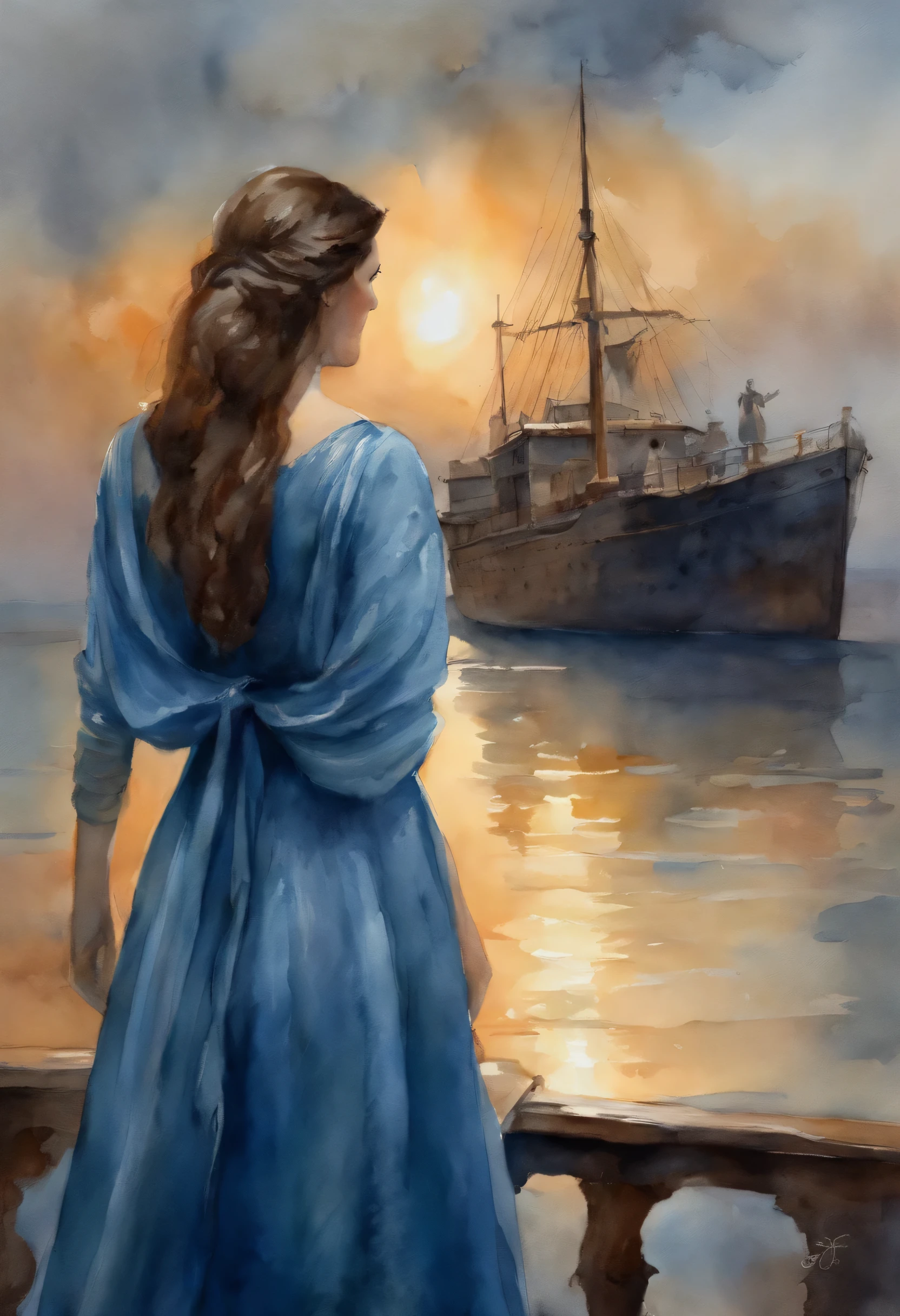 Girl with dark hair in blue dress, Standing on the deck of an old ship, look away, madrugada, Light fog, Taciturn atmosphere, Sun rising