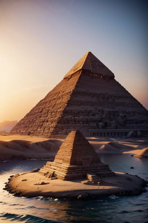 Side view of Egypt island. Egypt pyramids on island. Island in the ocean, desert island, digital art, intricate details, 8k, photorealistic, hyperrealistic, cinematic lighting, dramatic lighting, high quality, intricate details, masterpiece, digital art
