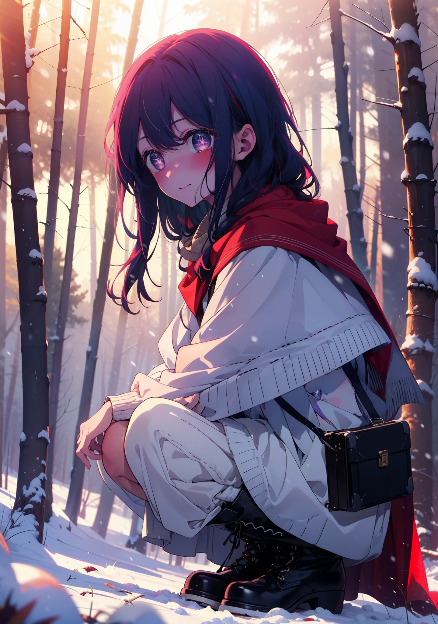 aihoshino, Ai Hoshino, Long Hair, bangs, (Purple eyes:1.1), Purple Hair, (Symbol-shaped pupil:1.5), smile,,smile,blush,white breath,
Open your mouth,snow,Ground bonfire, Outdoor, boots, snowing, From the side, wood, suitcase, Cape, Blurred, , forest, White handbag, nature, Squat, Mouth closed, Cape, winter, Written boundary depth, Black shoes, red Cape break looking at viewer, Upper Body, whole body, break Outdoor, forest, nature, break (masterpiece:1.2), Highest quality, High resolution, unity 8k wallpaper, (shape:0.8), (Beautiful and beautiful eyes:1.6), Highly detailed face, Perfect lighting, Highly detailed CG, (Perfect hands, Perfect Anatomy),