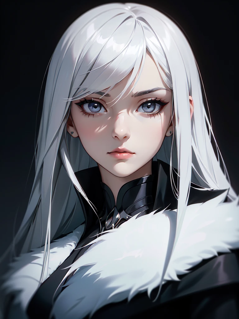 (((Portrait Photo))), She has a Calm and Enigmatic Appearance of a 16-Year-Old, with a Slender and Poised Build that Exudes Elegance and Mystery. Her Straight, Shoulder-length Silver Hair Frames Her Face with a Sleek and Sophisticated Style, Complementing Her Cool and Composed Demeanor. Her Deep Grey Eyes Convey a Sense of Depth and Introspection, Adding to Her Intriguing Presence. She is Dressed in a Sleek Black Coat with a High Collar and White Fur Trim, Giving Her a Chic and Stylish Look that Combines both Warmth and Sophistication. Her Expression is Serene and Thoughtful, with a Subtle Hint of Melancholy, Reflecting Her Complex Personality. (((High Quality, Dark Background))), (((Portrait Photo)))