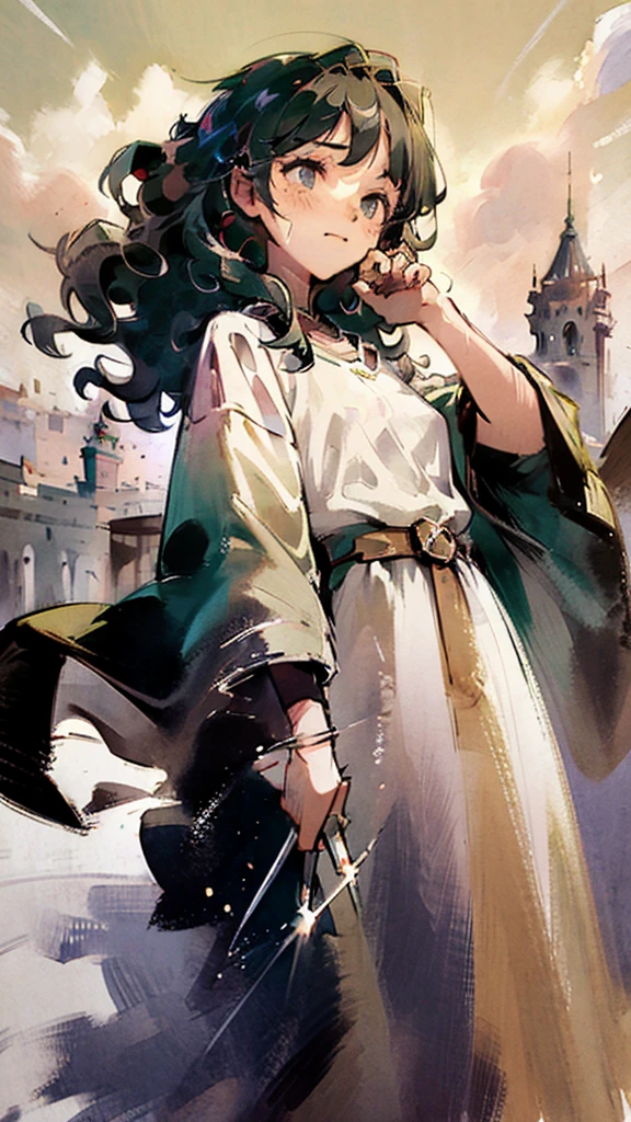 A beautiful woman with curly hair lies on the battlefield, crying with her hand held by someone else, fantasy medieval, half body. ((Ultra Hd)), ((4K)), ((Detailed)), ((illustration of novel))