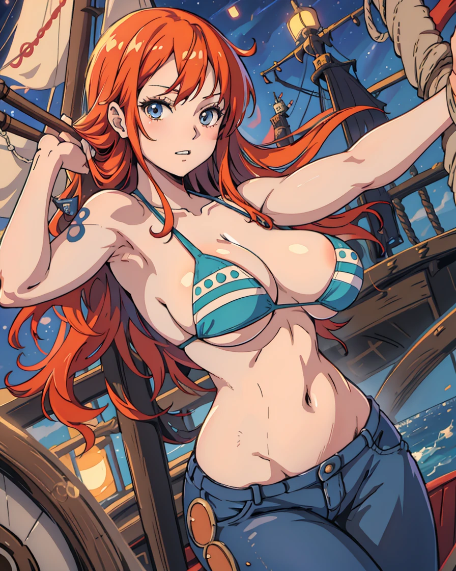 (masterpiece), realistic lights, realistic skin, high detailed art, high definition, defined abdomen, Redhead girl, nami, nami one piece, post time skip nami, sexy girl, tight bikini) , (big breast), wide waist, lewd, tight jeans, (tin a ship, pirate ship background, glow illumination, detailed body, female body shape, anime 2.5d, anime realistic style, night set, starry night