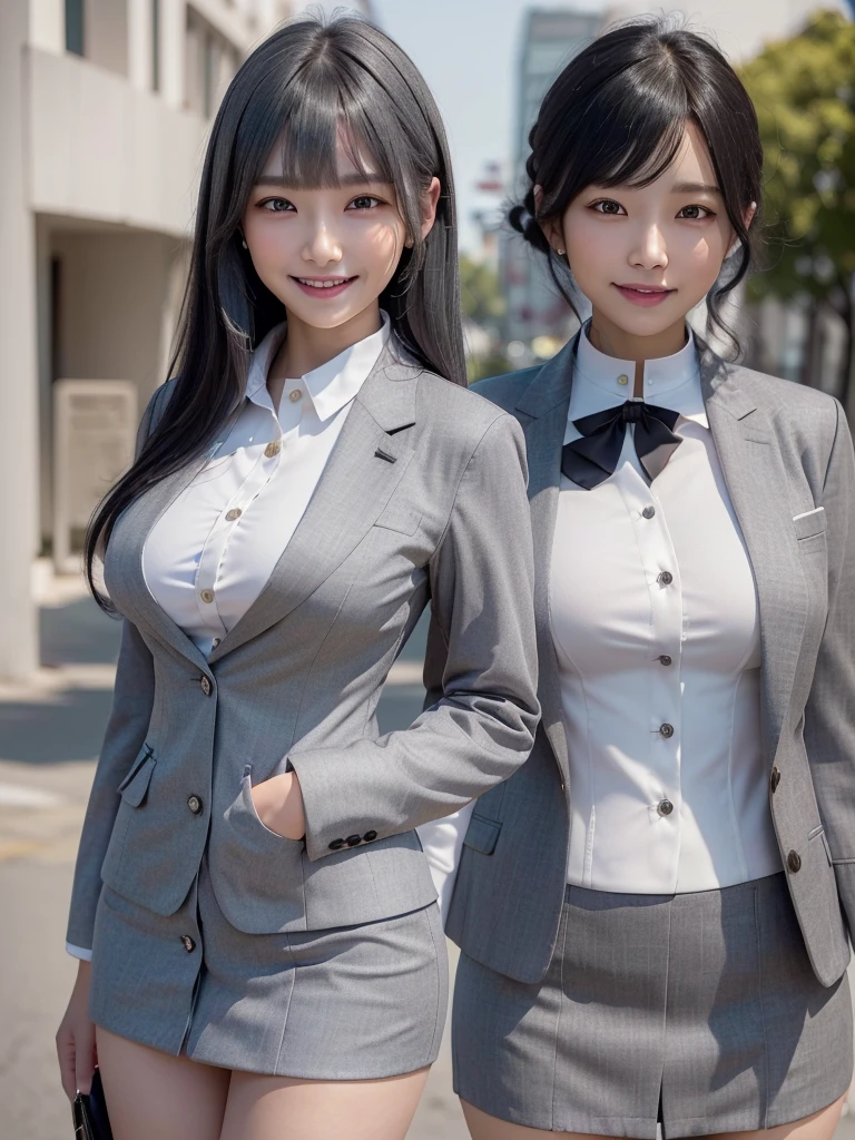 Highest quality、masterpiece、8k、Very detailed、Realistic、(One girl)、(Looking at me with a smile:1.5)、whole body、(Black Hair)、Small face、(Slender:1.2)、(Big Breasts:1.2)、(White business shirt with buttons and a collar:1.2)、(short tight skirt in gray,:1.2)、(Grey business jacket:1.2)