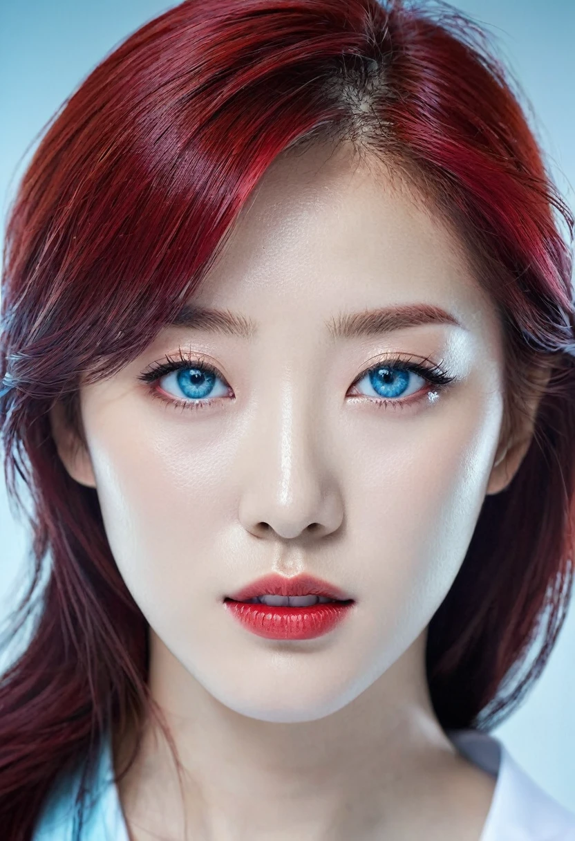 Woman, KOREAN, blood red hair, water blue eyes. Surgeon.