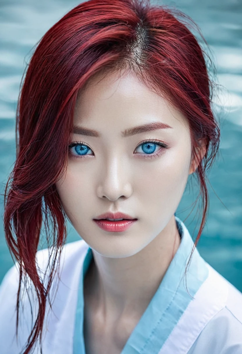 Woman, KOREAN, blood red hair, water blue eyes. Surgeon.